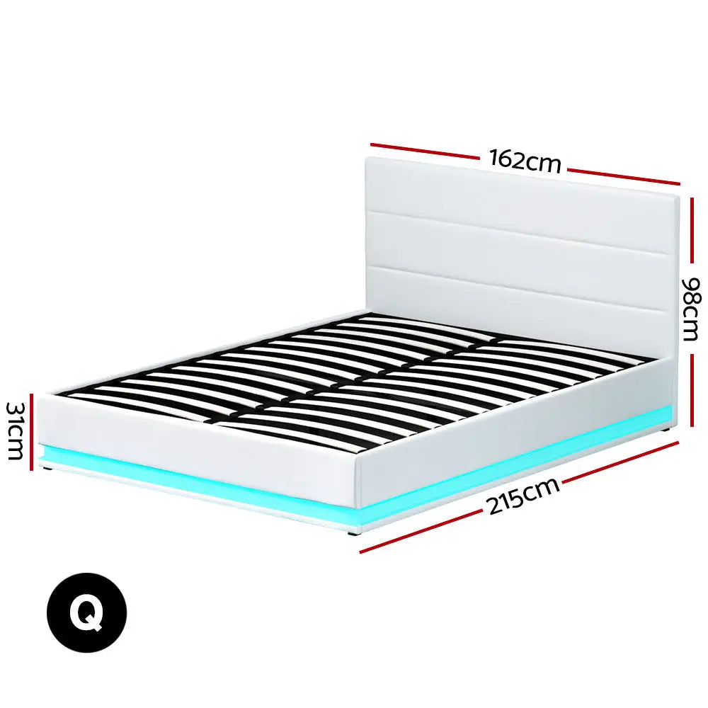Artiss Bed Frame Queen Size LED Gas Lift White LUMI - Furniture > Bedroom