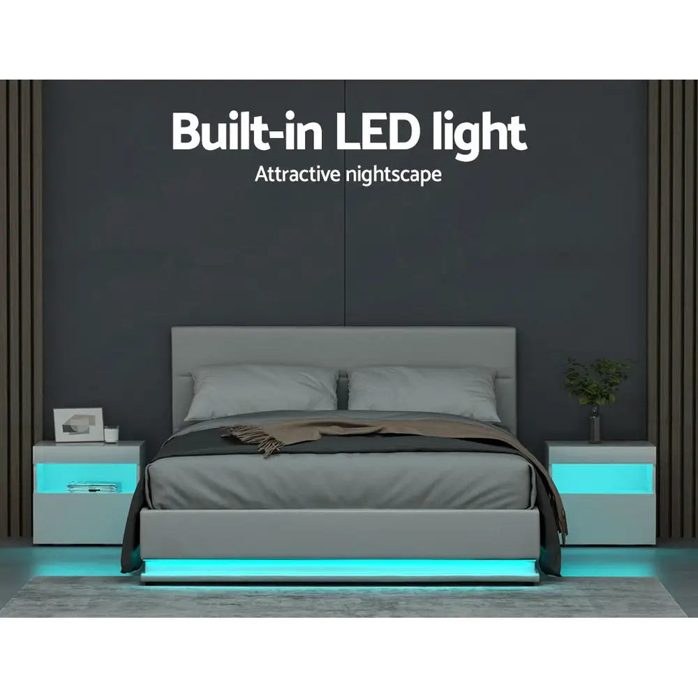 Artiss Bed Frame Queen Size LED Gas Lift White LUMI - Furniture > Bedroom
