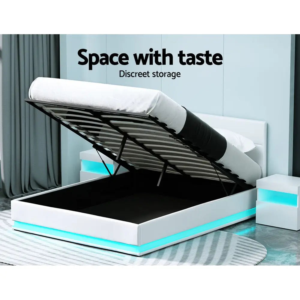 Artiss Bed Frame Queen Size LED Gas Lift White LUMI - Furniture > Bedroom