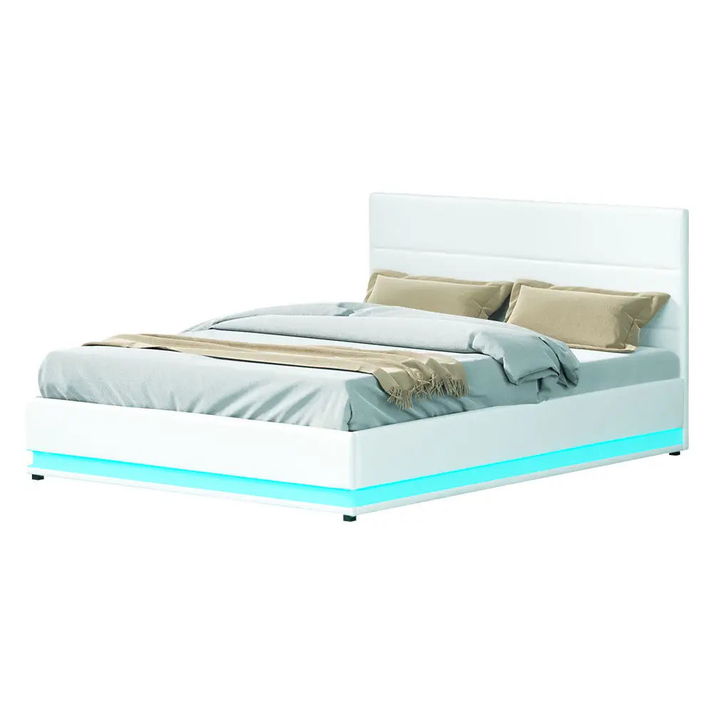 Artiss Bed Frame Queen Size LED Gas Lift White LUMI - Furniture > Bedroom