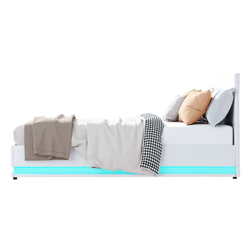 Artiss Bed Frame Queen Size LED Gas Lift White LUMI - Furniture > Bedroom