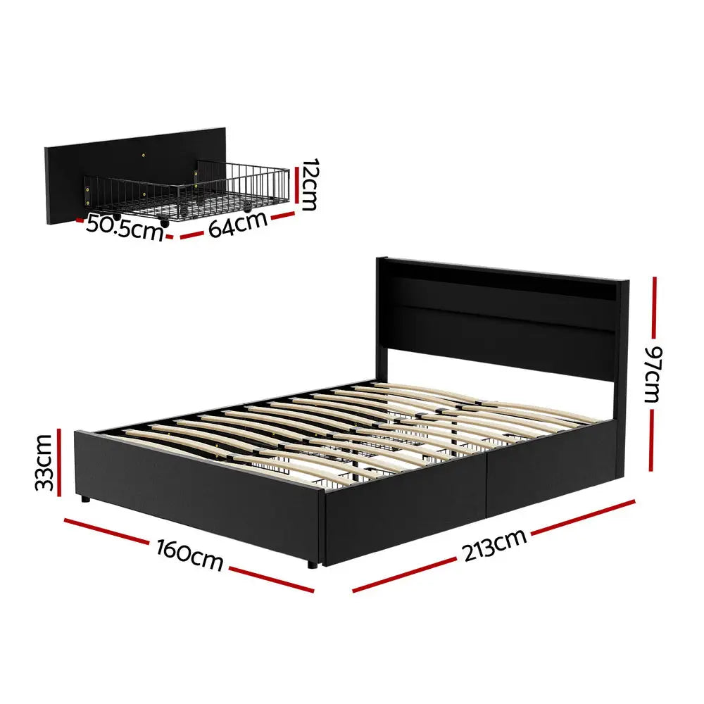 Artiss Bed Frame Queen Size LED with 4 Drawers Black DUNN - Furniture > Bedroom > Beds & Bed Frames