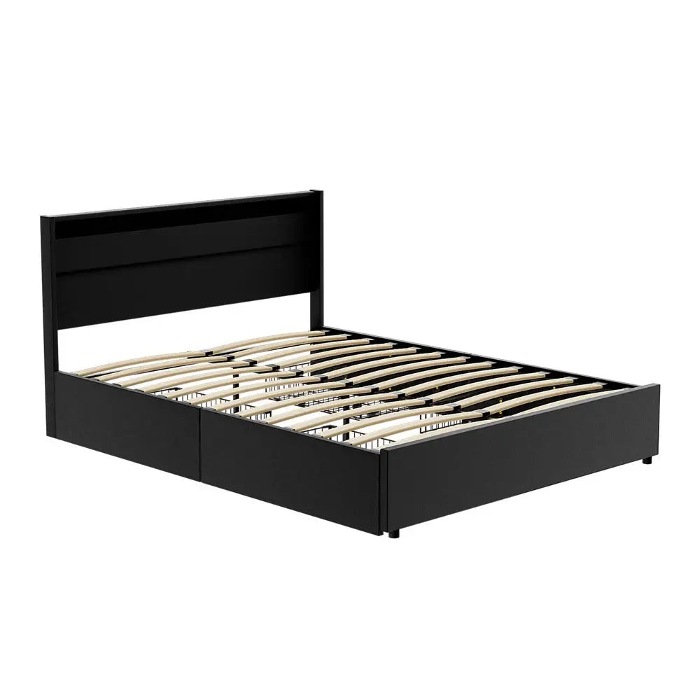 Artiss Bed Frame Queen Size LED with 4 Drawers Black DUNN - Furniture > Bedroom > Beds & Bed Frames