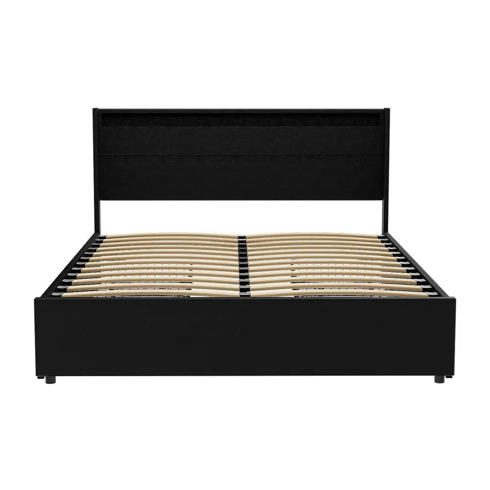 Artiss Bed Frame Queen Size LED with 4 Drawers Black DUNN - Furniture > Bedroom > Beds & Bed Frames