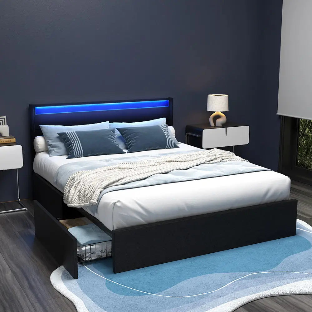 Artiss Bed Frame Queen Size LED with 4 Drawers Black DUNN - Furniture > Bedroom > Beds & Bed Frames