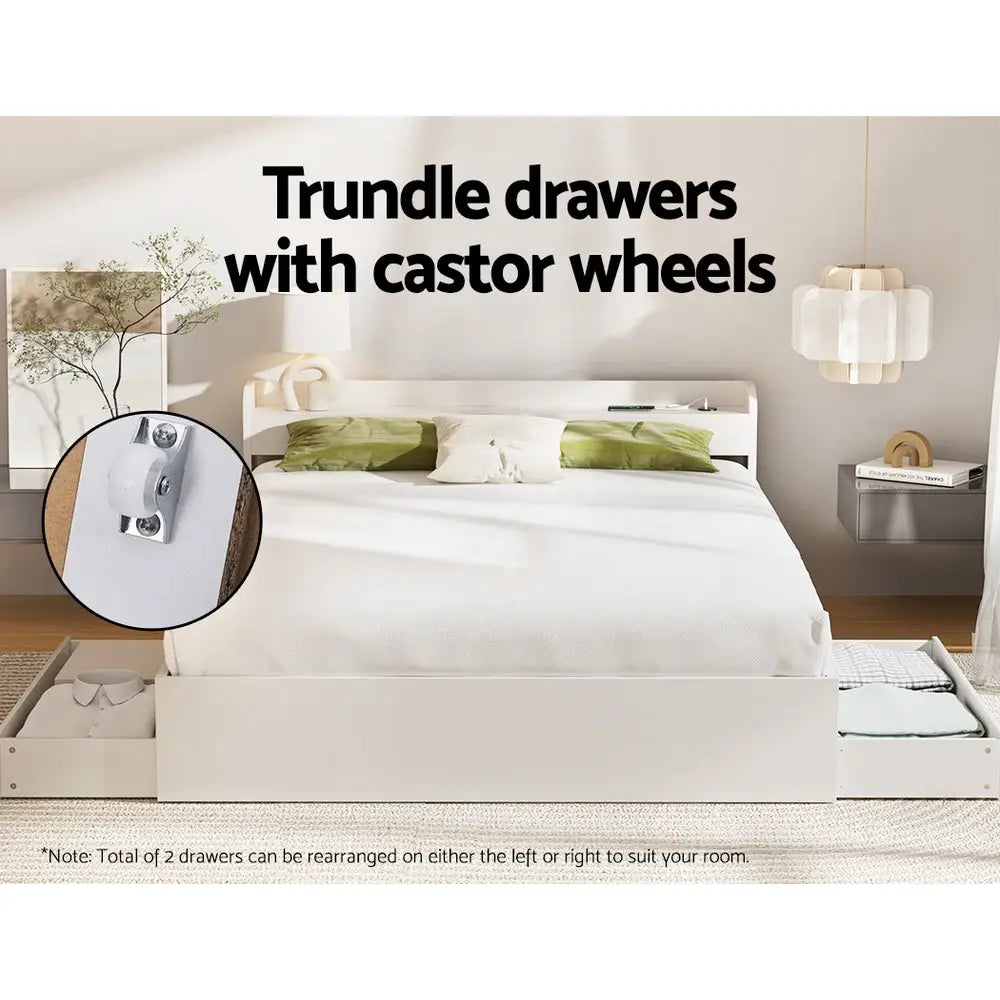 Artiss Bed Frame Queen Size Mattress Base wtih Charging Ports 2 Storage Drawers - Furniture > Bedroom > Beds & Bed