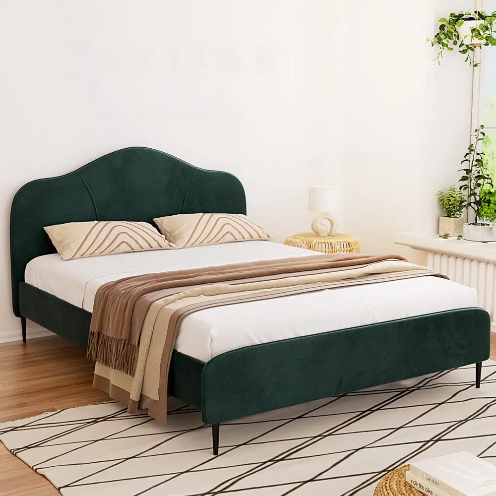 Artiss Bed Frame Queen Size Velvet Dark Green OLAN - Furniture > Bedroom