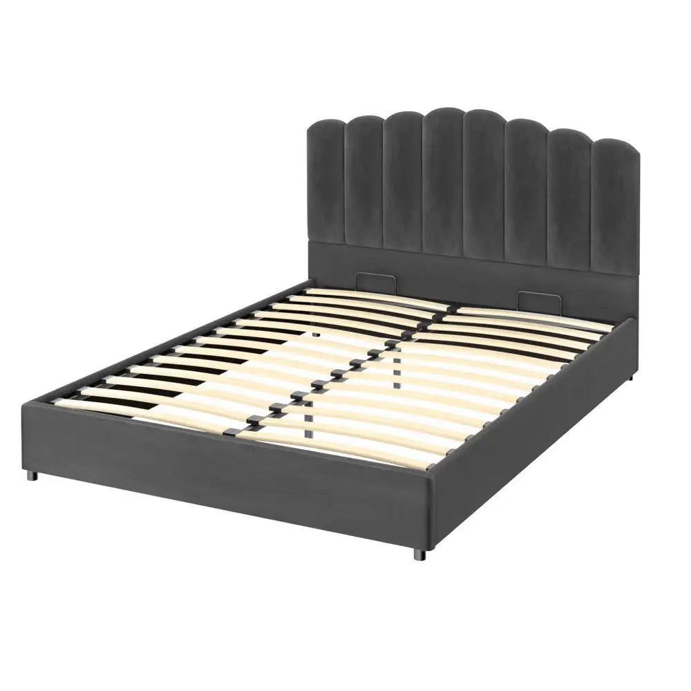 Artiss Bed Frame Queen Size Velvet Grey FION - Furniture > Bedroom > Beds & Bed Frames