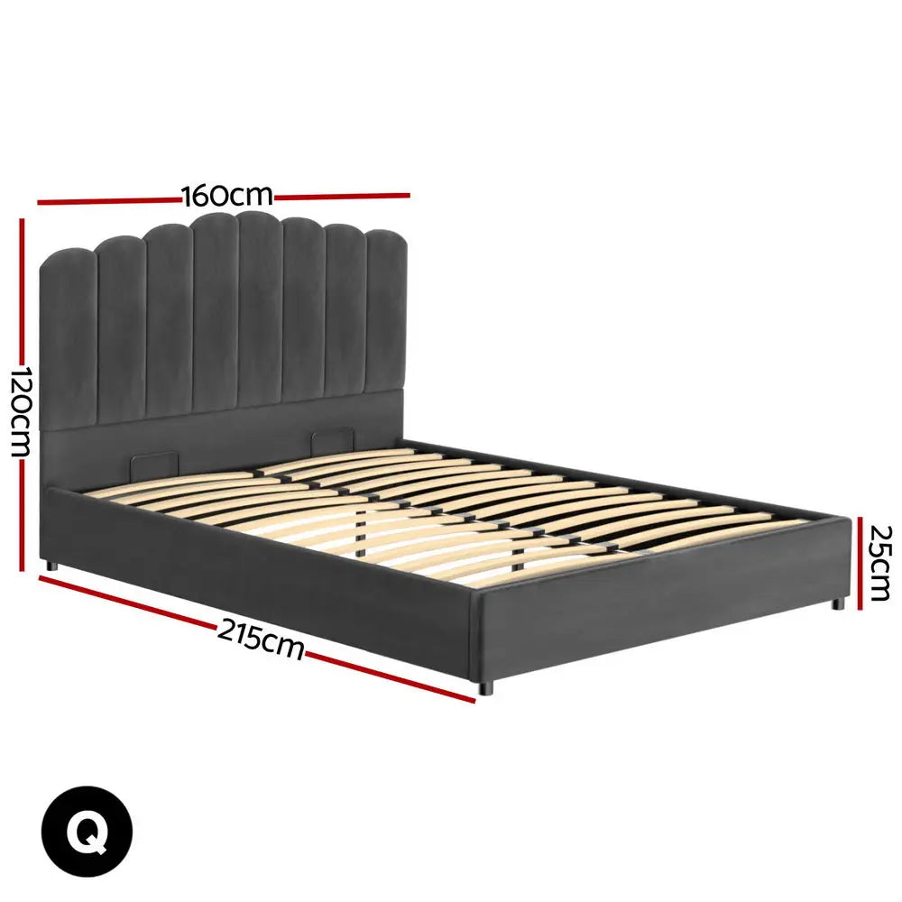 Artiss Bed Frame Queen Size Velvet Grey FION - Furniture > Bedroom > Beds & Bed Frames
