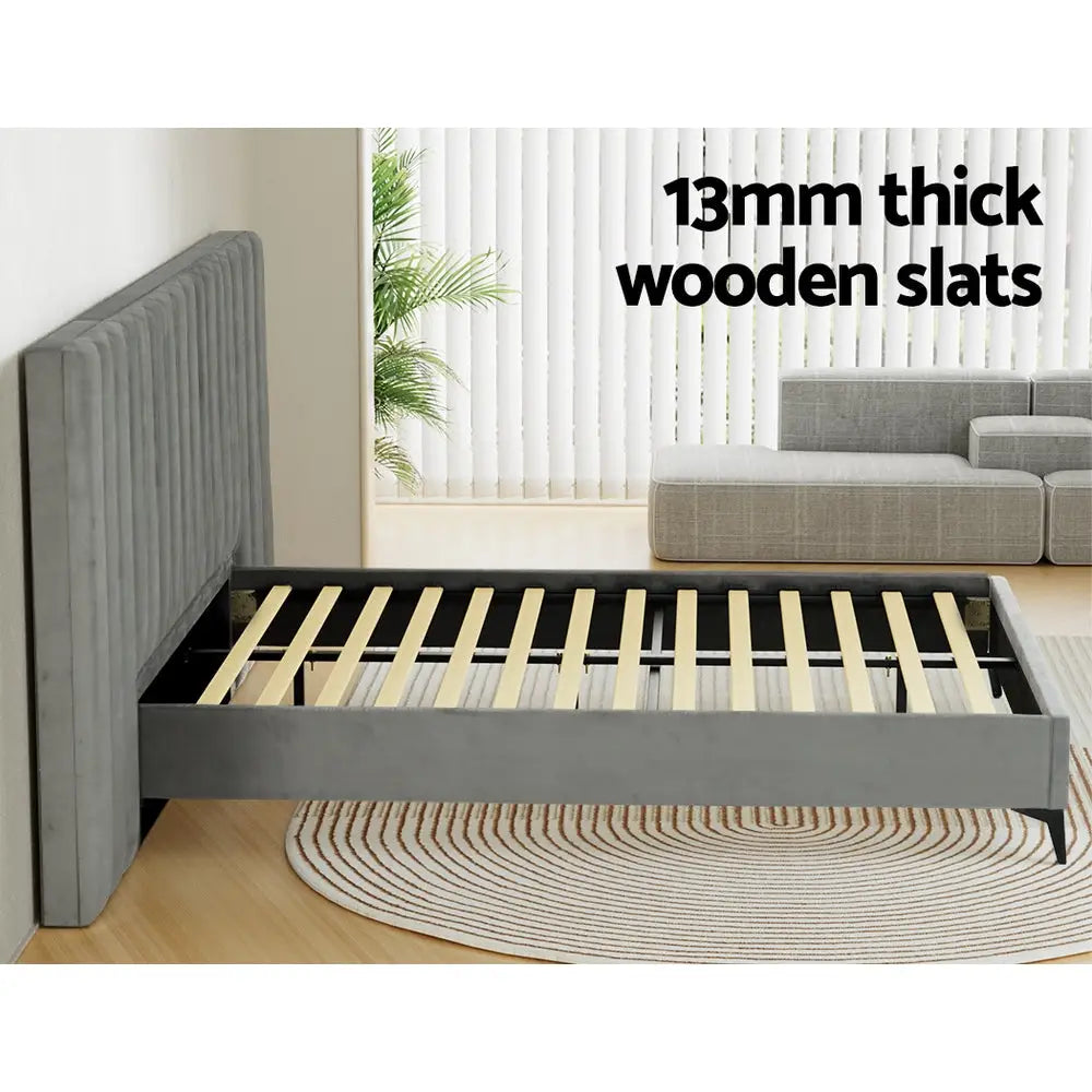 Artiss Bed Frame Queen Size Velvet Grey LOTT - Furniture > Bedroom > Beds & Bed Frames