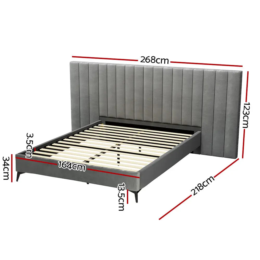 Artiss Bed Frame Queen Size Velvet Grey LOTT - Furniture > Bedroom > Beds & Bed Frames