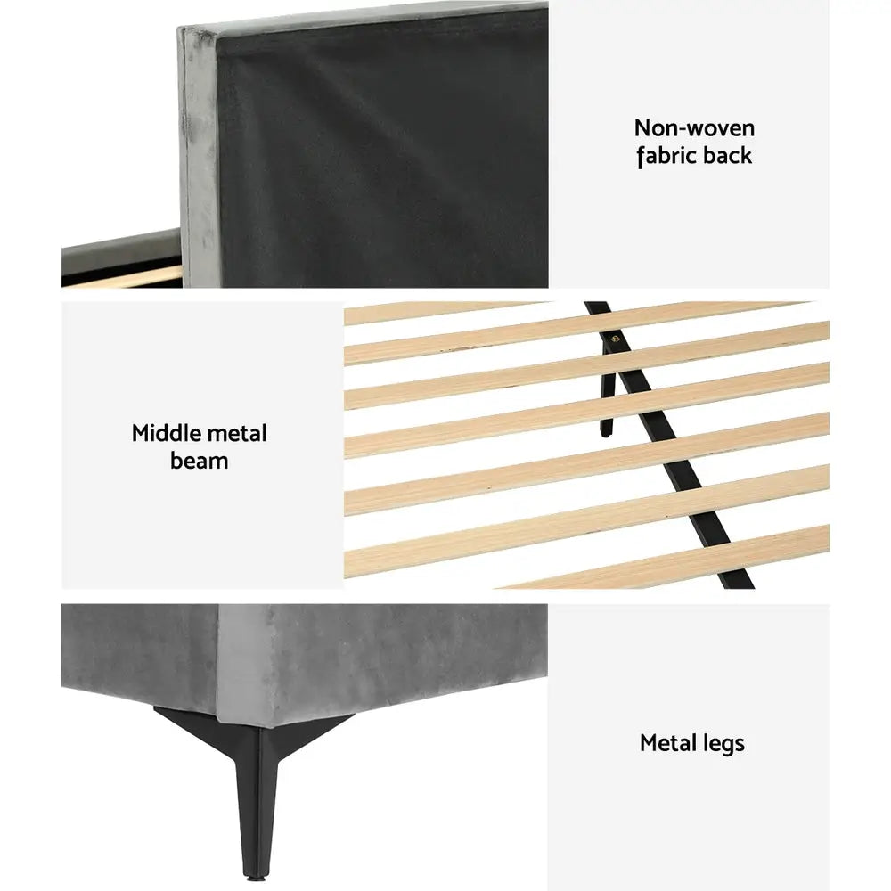 Artiss Bed Frame Queen Size Velvet Grey LOTT - Furniture > Bedroom > Beds & Bed Frames