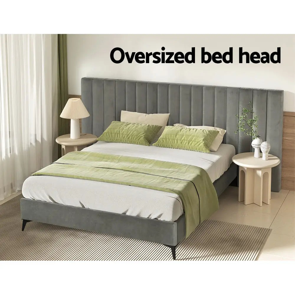 Artiss Bed Frame Queen Size Velvet Grey LOTT - Furniture > Bedroom > Beds & Bed Frames
