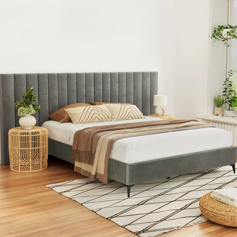 Artiss Bed Frame Queen Size Velvet Grey LOTT - Furniture > Bedroom > Beds & Bed Frames
