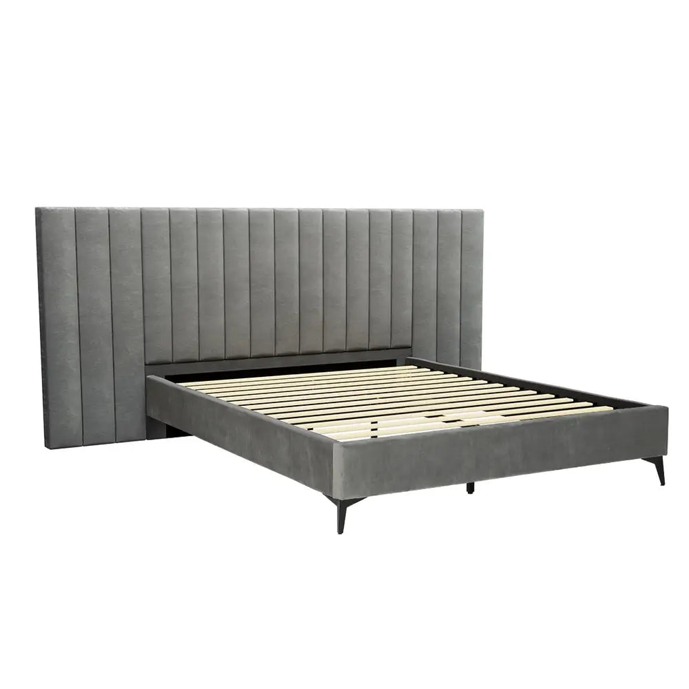 Artiss Bed Frame Queen Size Velvet Grey LOTT - Furniture > Bedroom > Beds & Bed Frames