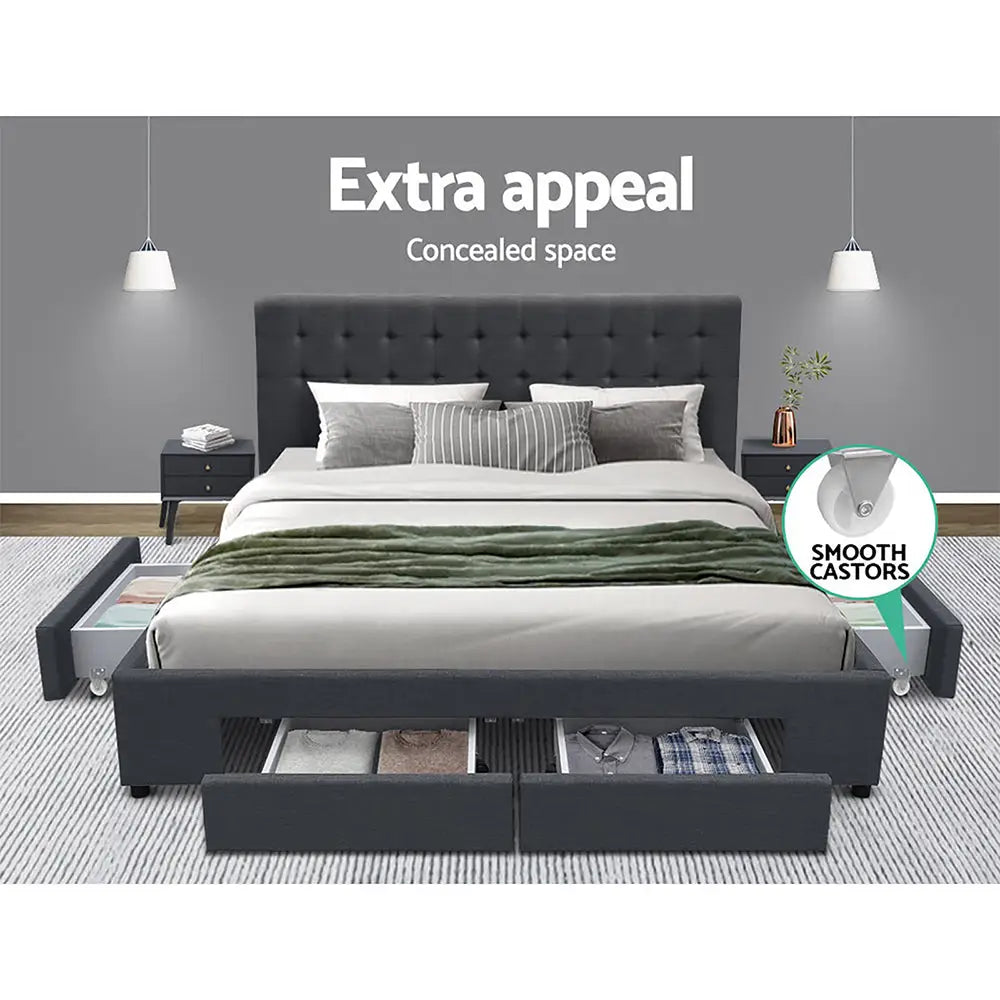 Artiss Bed Frame Queen Size with 4 Drawers Charcoal AVIO - Furniture > Bedroom