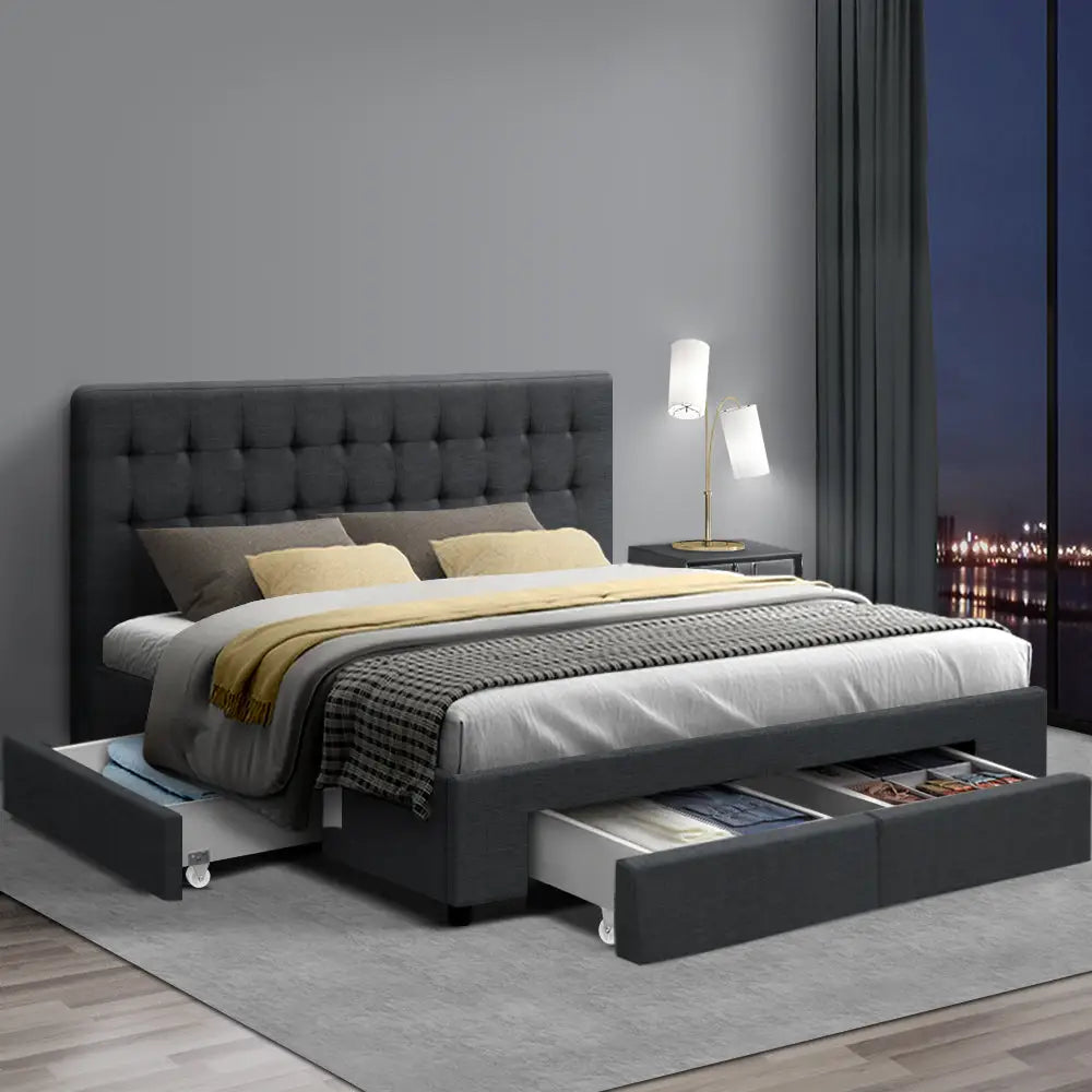 Artiss Bed Frame Queen Size with 4 Drawers Charcoal AVIO - Furniture > Bedroom