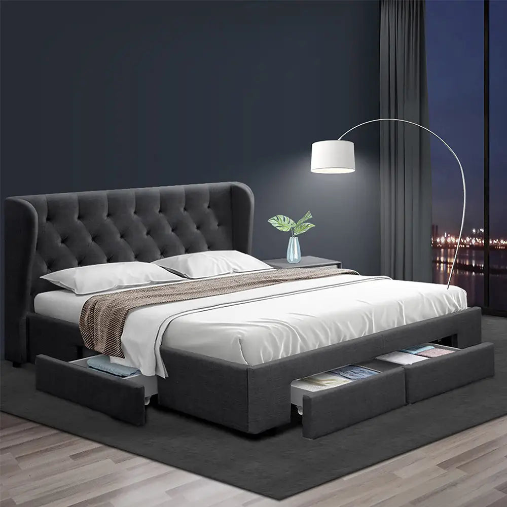 Artiss Bed Frame Queen Size with 4 Drawers Charcoal MILA - Furniture > Bedroom