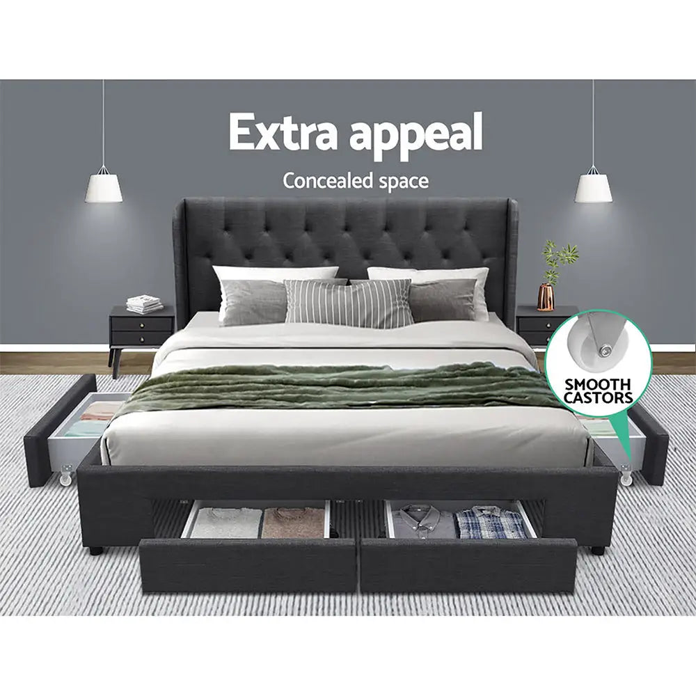 Artiss Bed Frame Queen Size with 4 Drawers Charcoal MILA - Furniture > Bedroom