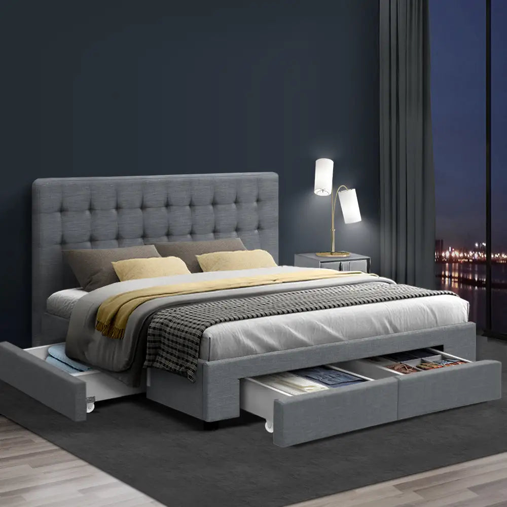 Artiss Bed Frame Queen Size with 4 Drawers Grey AVIO - Furniture > Bedroom