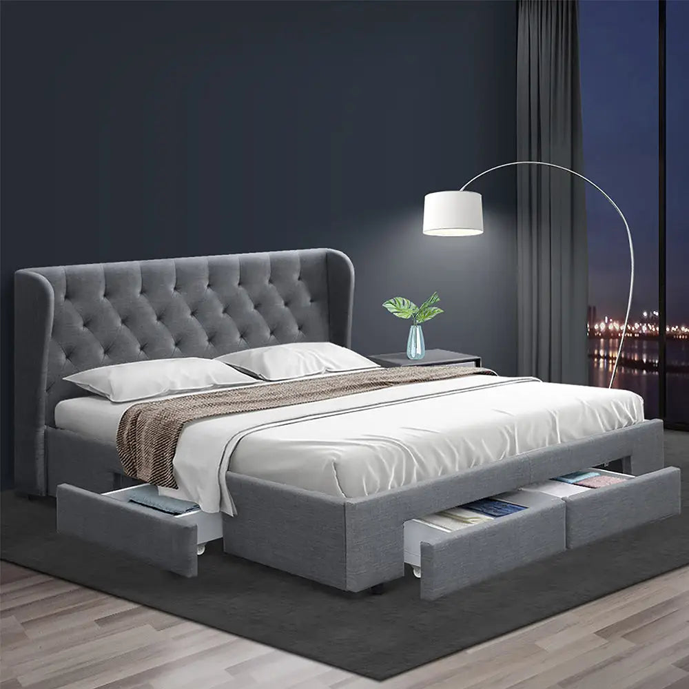 Artiss Bed Frame Queen Size with 4 Drawers Grey MILA - Furniture > Bedroom > Beds & Bed Frames