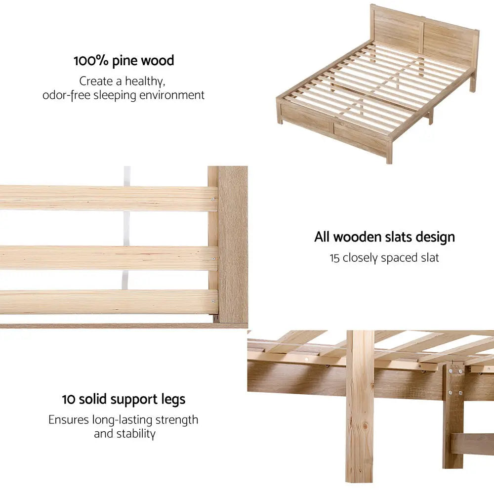 Artiss Bed Frame Queen Size Wooden Acacia Wood OATMEAL - Furniture > Bedroom > Beds & Bed Frames