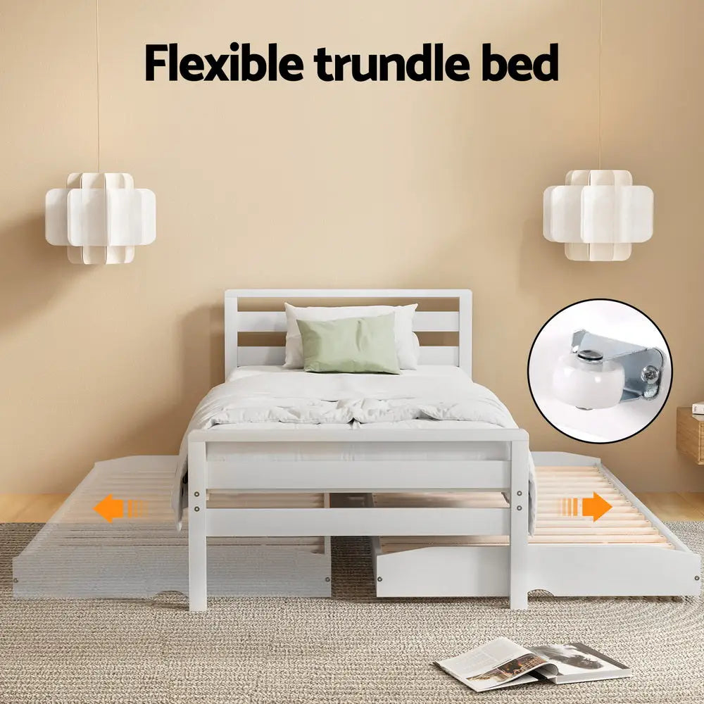 Artiss Bed Frame Single Size 2-in-1 Trundle Wooden White AVIS - Furniture > Bedroom > Beds & Bed Frames