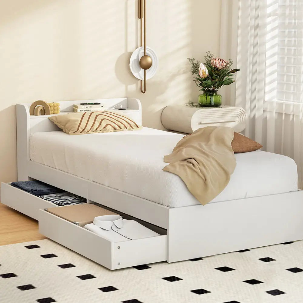 Artiss Bed Frame Single Size Mattress Base wtih Charging Ports 2 Storage Drawers - Furniture > Bedroom > Beds & Bed
