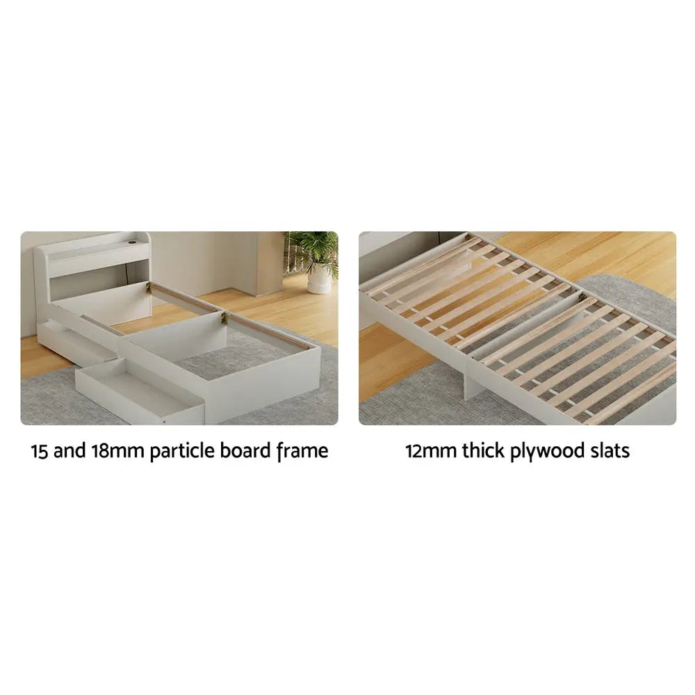 Artiss Bed Frame Single Size Mattress Base wtih Charging Ports 2 Storage Drawers - Furniture > Bedroom > Beds & Bed