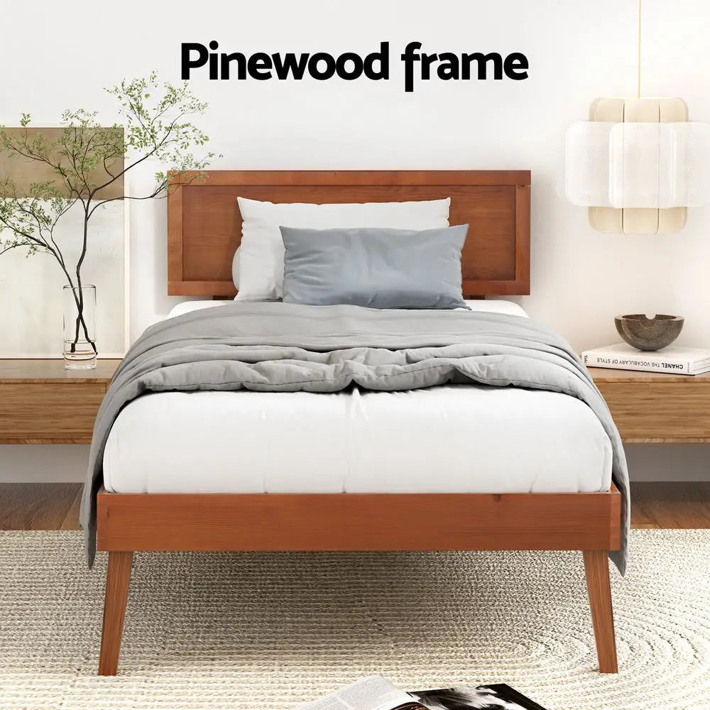 Artiss Bed Frame Single Size Wooden Bed Base Walnut SPLAY - Furniture > Bedroom