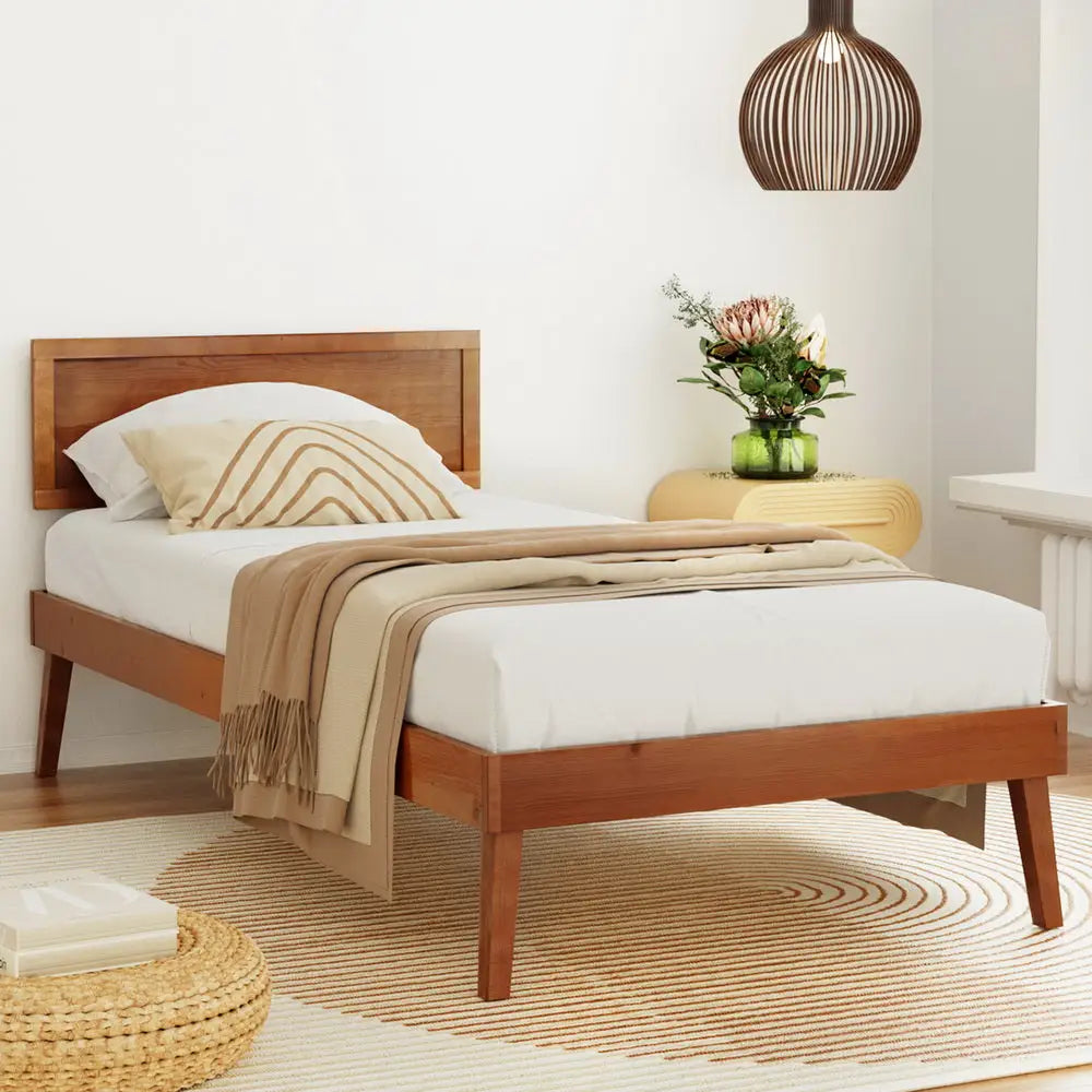 Artiss Bed Frame Single Size Wooden Bed Base Walnut SPLAY - Furniture > Bedroom