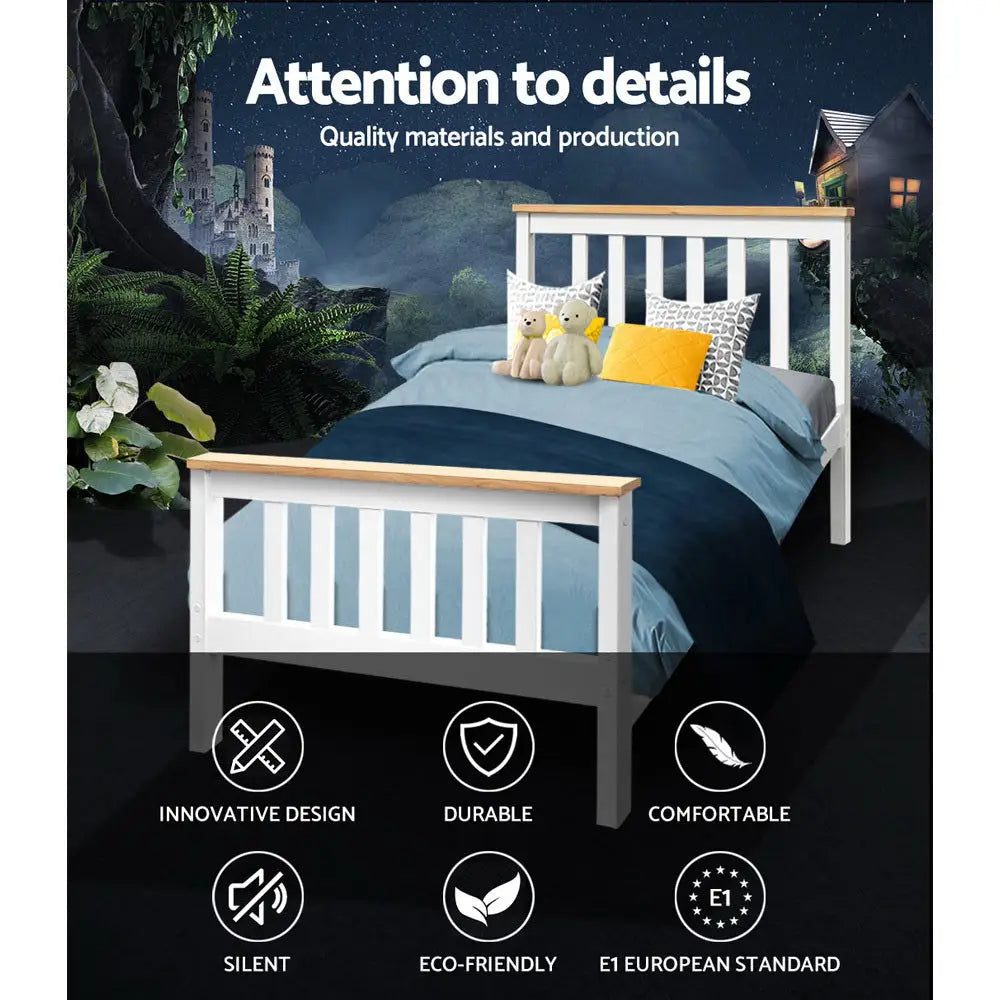 Artiss Bed Frame Single Size Wooden White PONY - Furniture > Bedroom