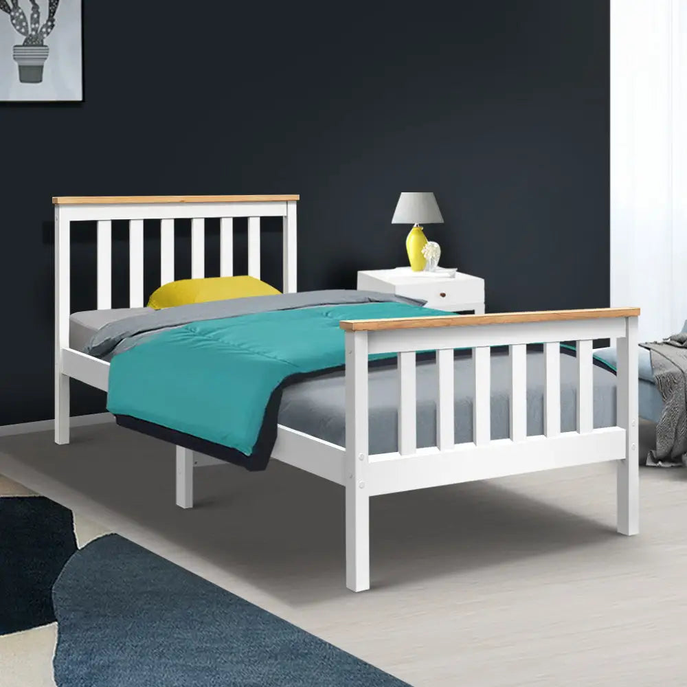 Artiss Bed Frame Single Size Wooden White PONY - Furniture > Bedroom