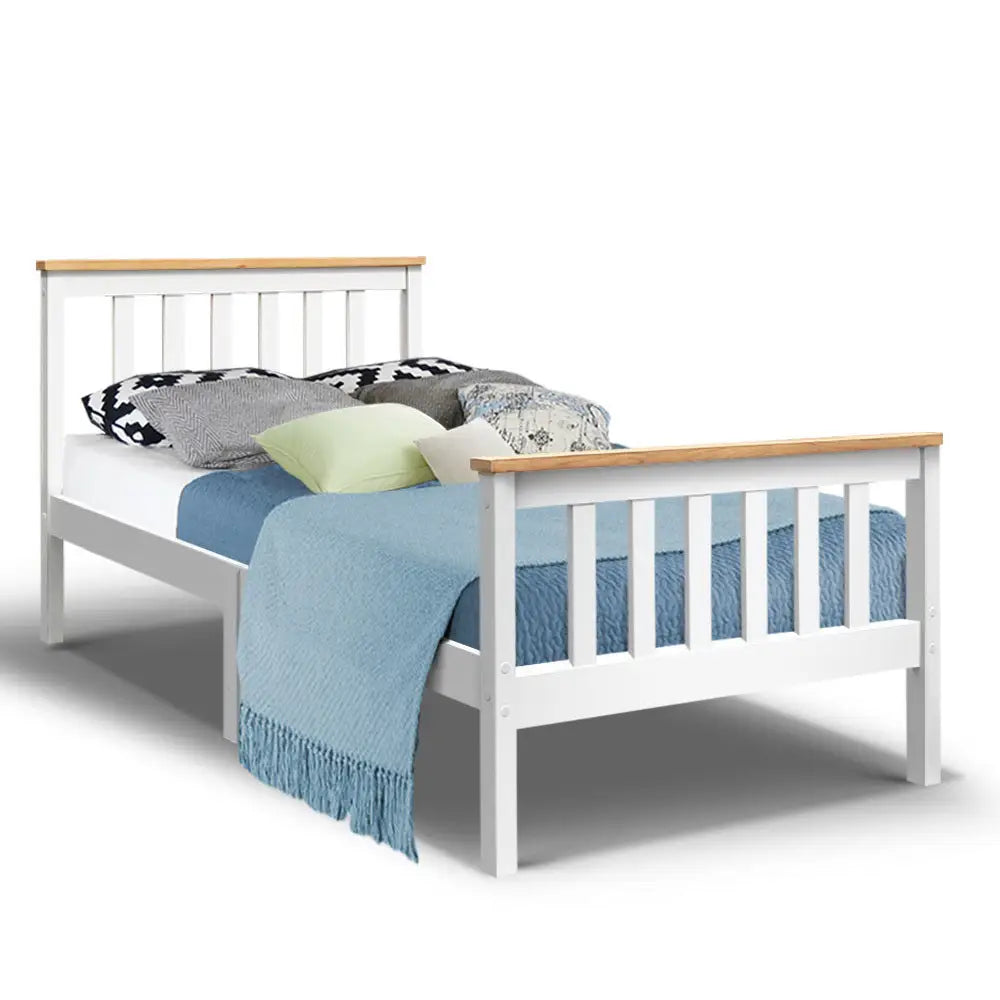 Artiss Bed Frame Single Size Wooden White PONY - Furniture > Bedroom
