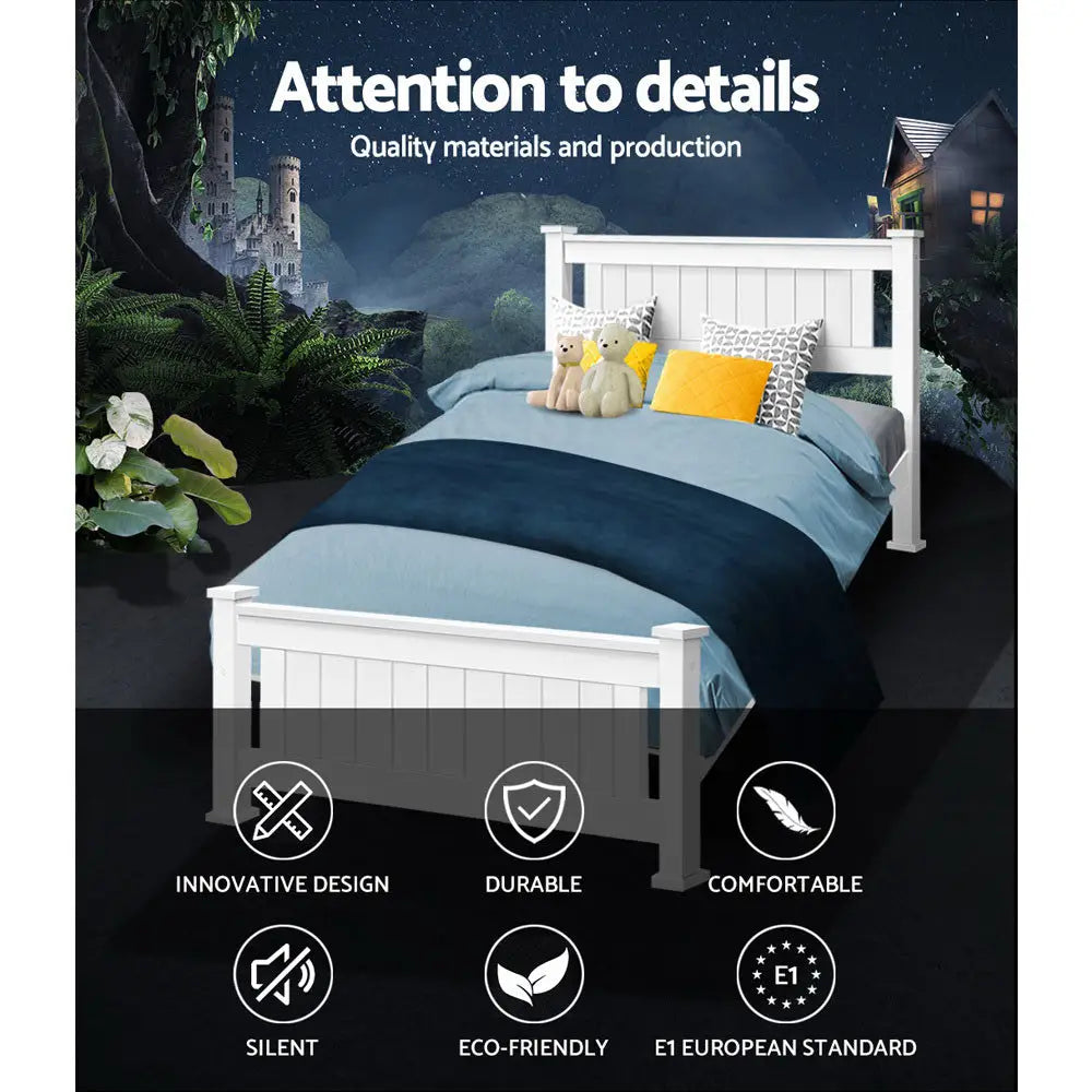 Artiss Bed Frame Single Size Wooden White RIO - Furniture > Bedroom