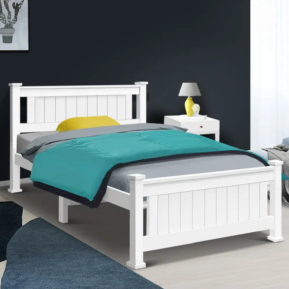 Artiss Bed Frame Single Size Wooden White RIO - Furniture > Bedroom