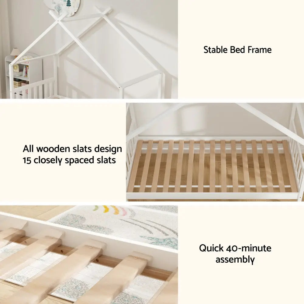 Artiss Bed Frame Wooden Base Kids Single Timber House Beds White - Furniture > Bedroom > Beds & Bed Frames