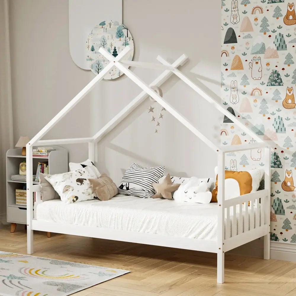 Artiss Bed Frame Wooden Base Kids Single Timber House Beds White - Furniture > Bedroom > Beds & Bed Frames