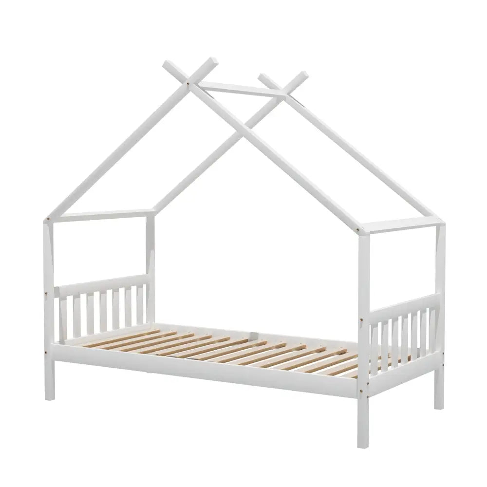 Artiss Bed Frame Wooden Base Kids Single Timber House Beds White - Furniture > Bedroom > Beds & Bed Frames