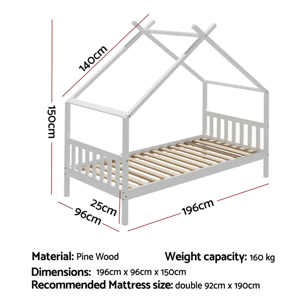 Artiss Bed Frame Wooden Base Kids Single Timber House Beds White - Furniture > Bedroom > Beds & Bed Frames