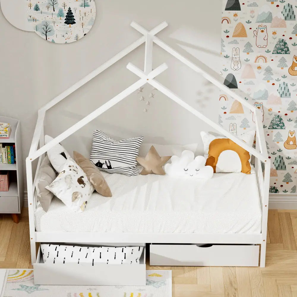 Artiss Bed Frame Wooden Base Kids Single Timber House with 2 Storage Drawers Beds White - Furniture > Bedroom > Beds &