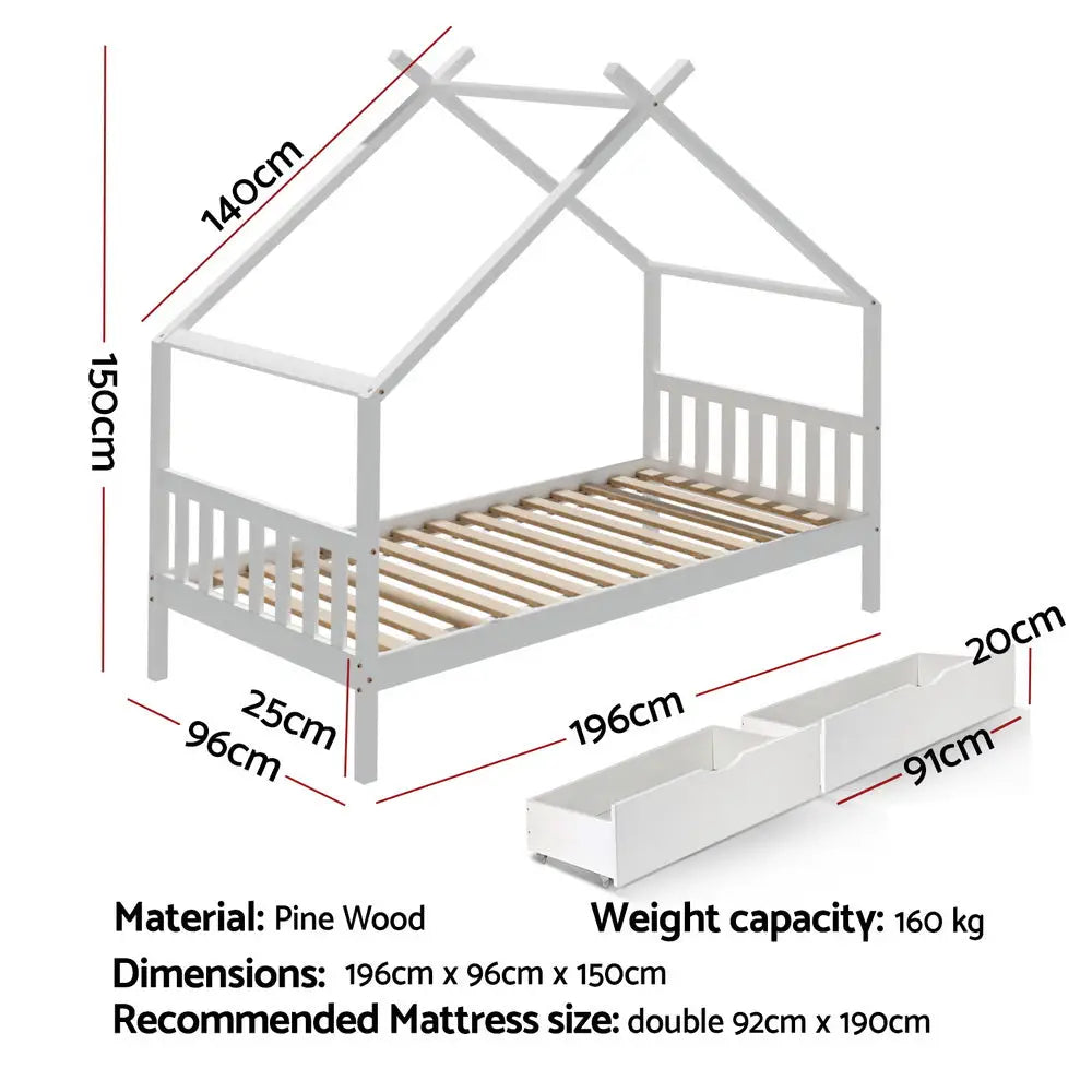Artiss Bed Frame Wooden Base Kids Single Timber House with 2 Storage Drawers Beds White - Furniture > Bedroom > Beds &