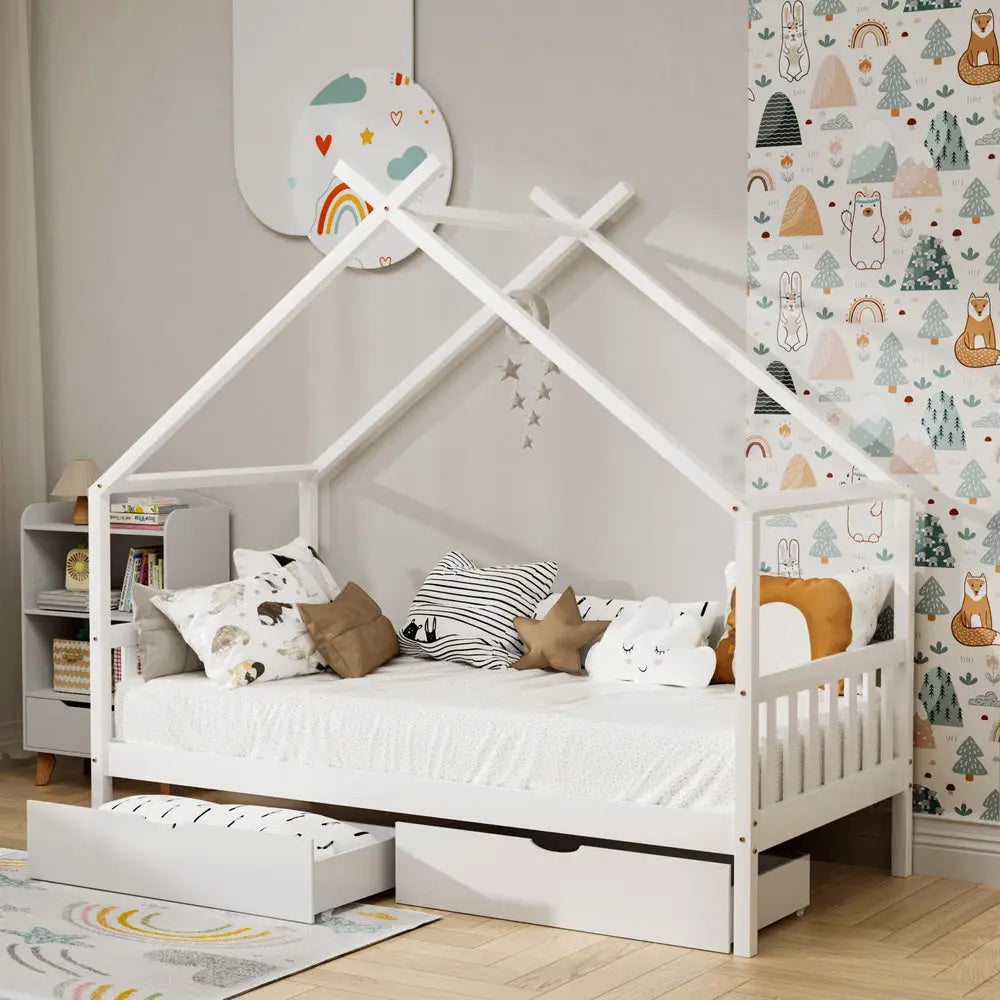 Artiss Bed Frame Wooden Base Kids Single Timber House with 2 Storage Drawers Beds White - Furniture > Bedroom > Beds &