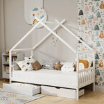 Artiss Bed Frame Wooden Base Kids Single Timber House with 2 Storage Drawers Beds White - Furniture > Bedroom > Beds &