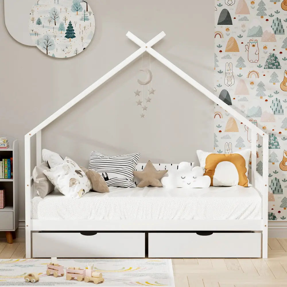 Artiss Bed Frame Wooden Base Kids Single Timber House with 2 Storage Drawers Beds White - Furniture > Bedroom > Beds &
