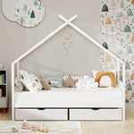 Artiss Bed Frame Wooden Base Kids Single Timber House with 2 Storage Drawers Beds White - Furniture > Bedroom > Beds &