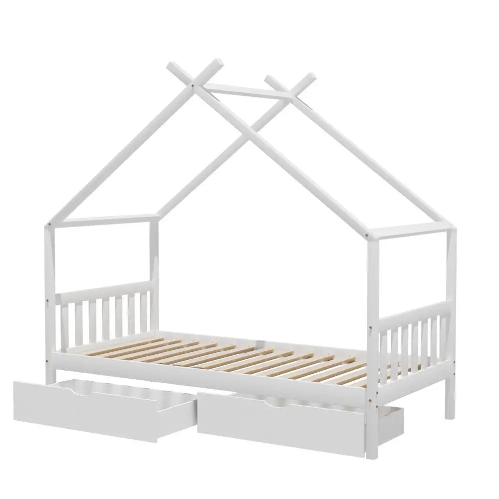 Artiss Bed Frame Wooden Base Kids Single Timber House with 2 Storage Drawers Beds White - Furniture > Bedroom > Beds &