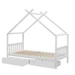 Artiss Bed Frame Wooden Base Kids Single Timber House with 2 Storage Drawers Beds White - Furniture > Bedroom > Beds &