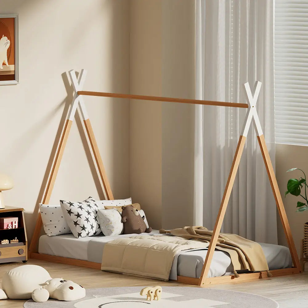 Artiss Bed Frame Wooden Kids House Single Frame Oak ENID - Furniture > Bedroom