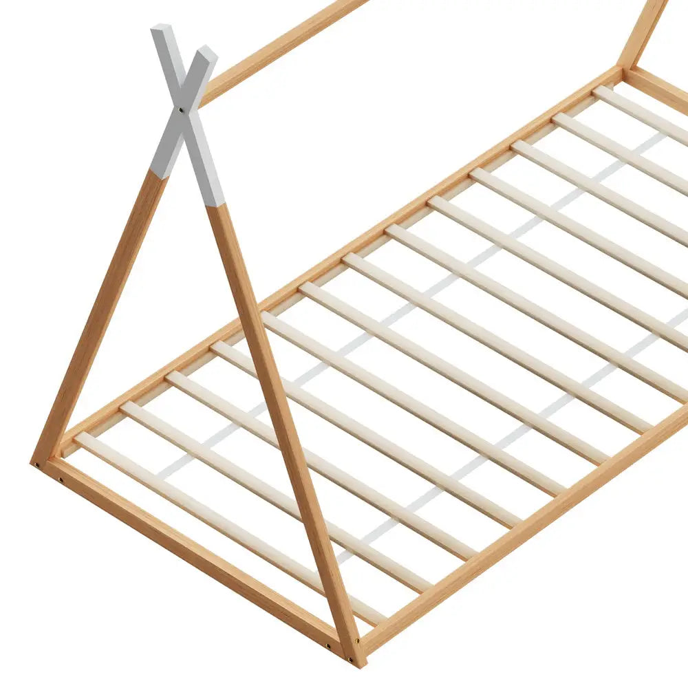 Artiss Bed Frame Wooden Kids House Single Frame Oak ENID - Furniture > Bedroom